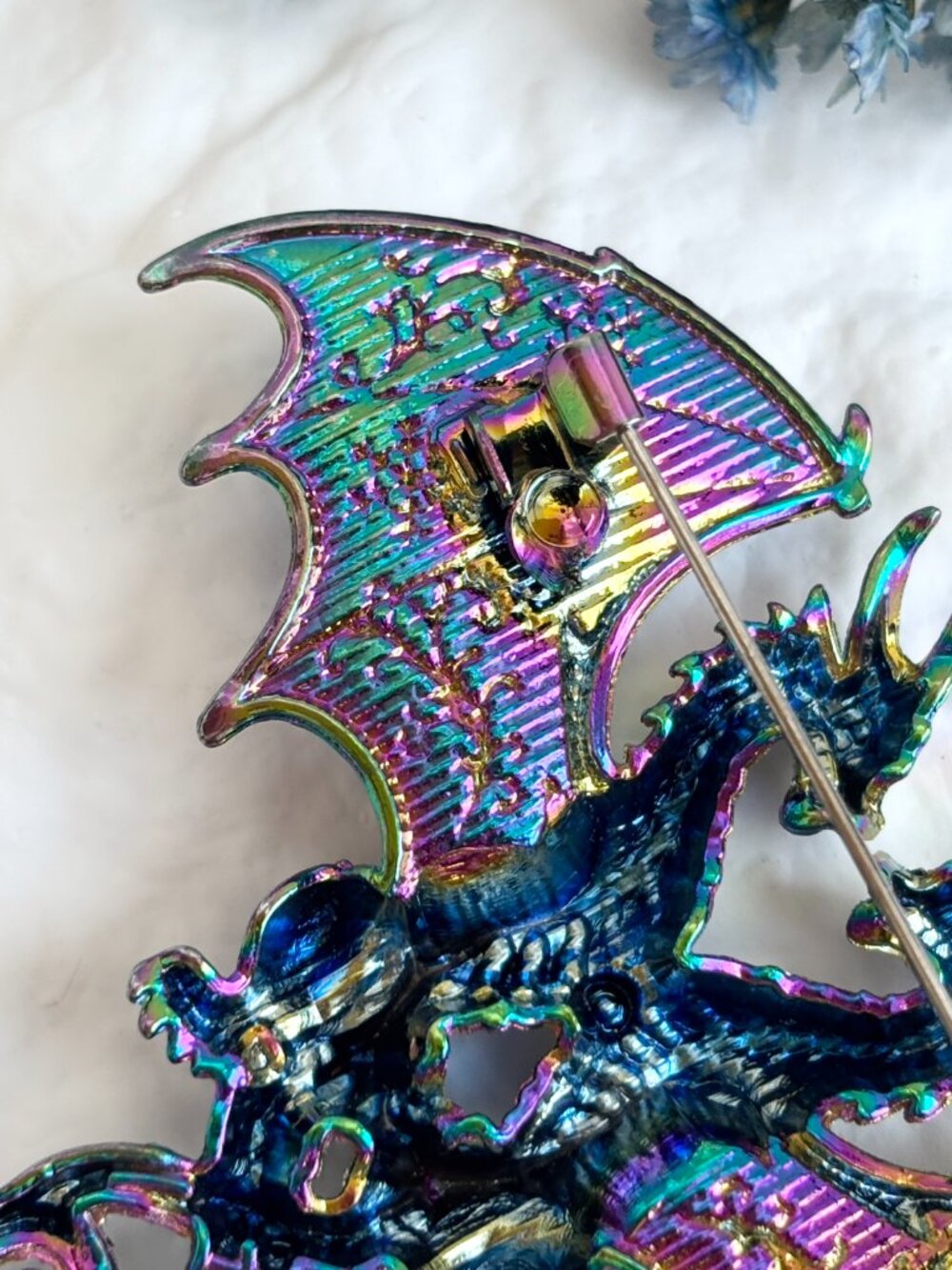 Iridescent Twin Dragon Figural Rhinestone Accented Vintage Inspired Brooch Pin - Picture 13 of 16